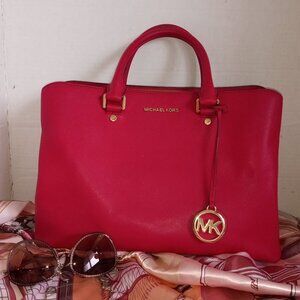 MICHAEL KORS MK "Savannah" Cherry Saffiano Leather Top-Handle Satchel
